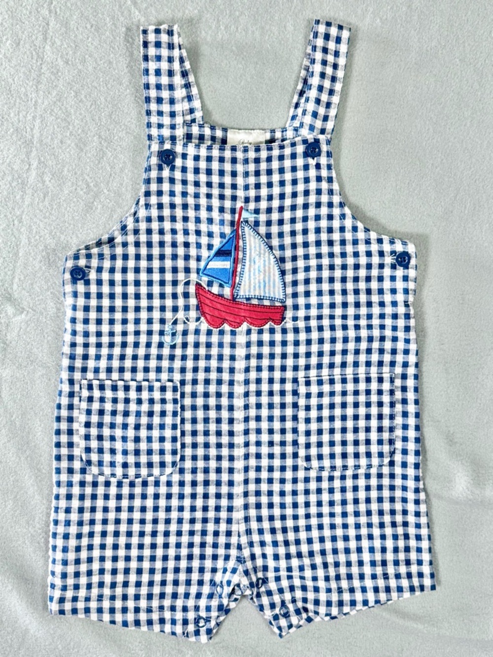 24M Baby Essentials Gingham Sailboat Romper Blue White‎ Nautical Shortall